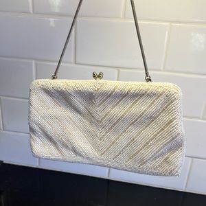 Exclusively for The Broadway, white beaded evening purse, geometric design
